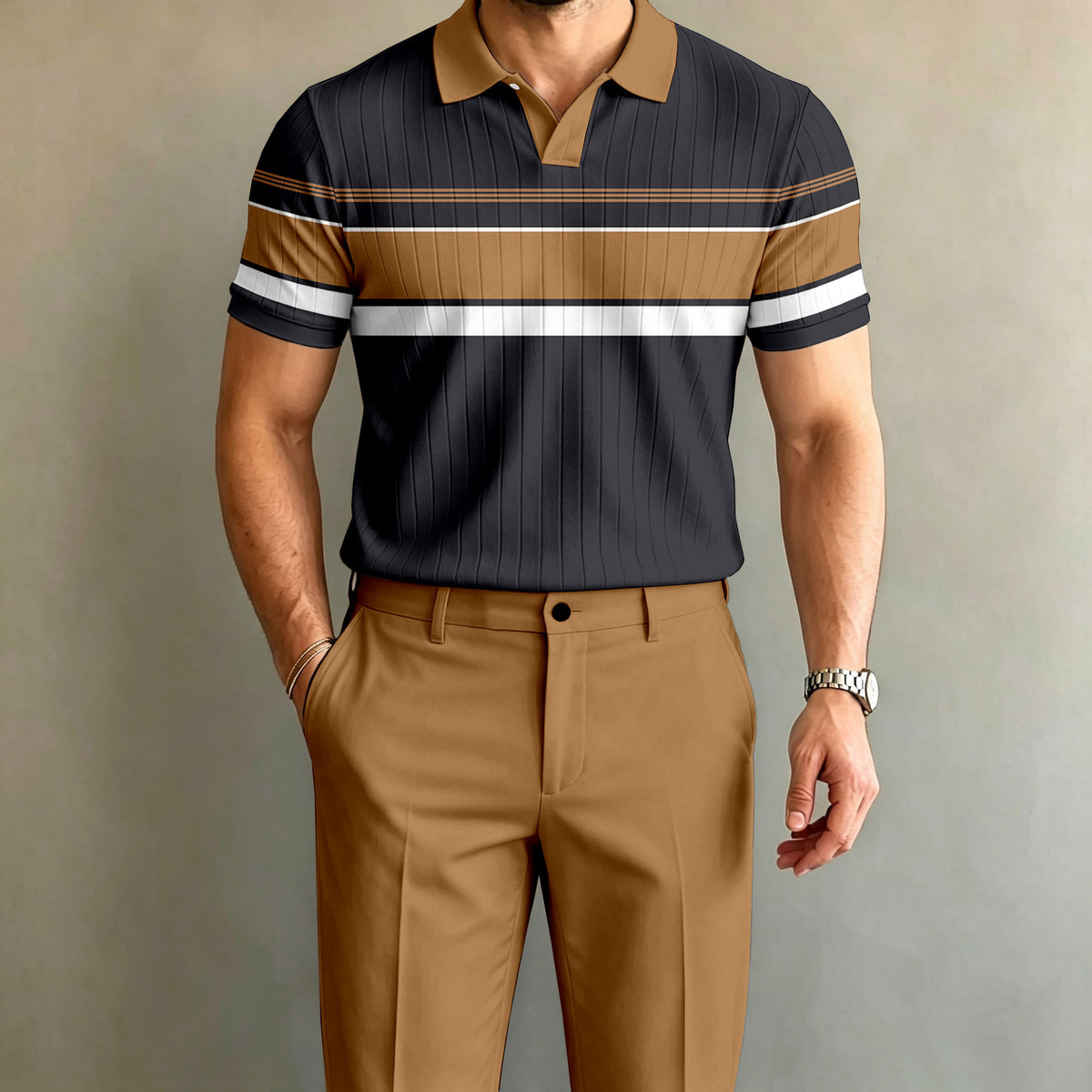Men's Color-Blocked Short-Sleeve Polo Shirt and Pants Set