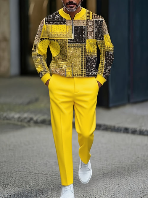 Men's Casual Color Matching Printed Round-Neck Zipper Long Sleeved Trousers Two-Piece Set