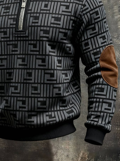Men's Retro Color Block Print Color-Blocked Zip-Up Sweatshirt