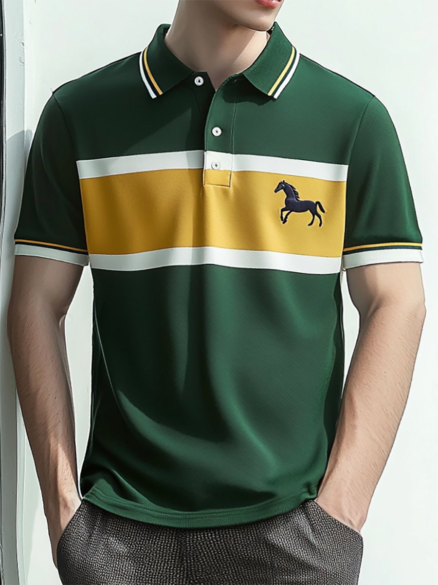 Men's Business Stripe Logo Button-Down Short Sleeve Polo Shirt
