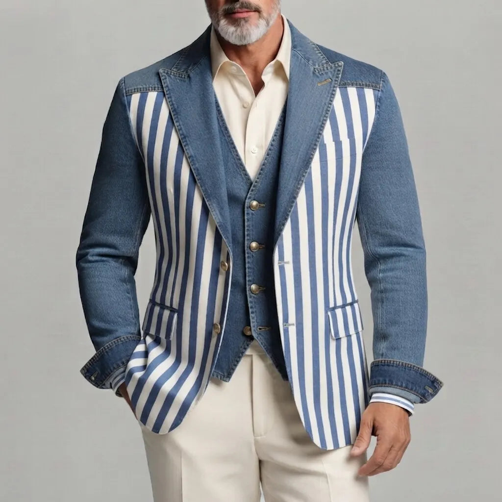Men's Stylish Contrast Striped Print Peak Lapel Slim Fit Denim Blazers