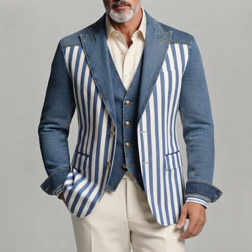Men's Stylish Contrast Striped Print Peak Lapel Slim Fit Denim Blazers