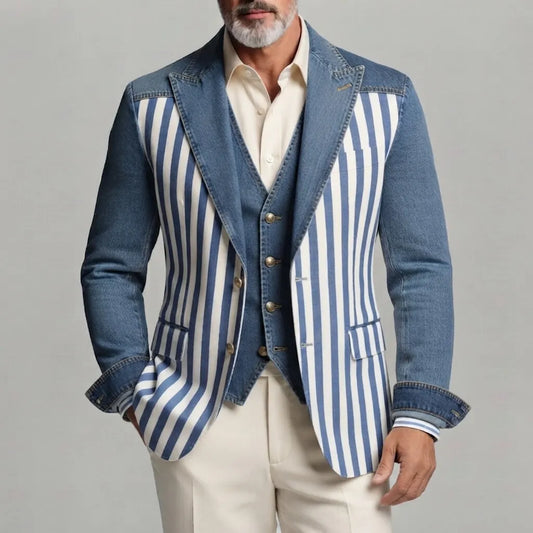 Men's Stylish Contrast Striped Print Peak Lapel Slim Fit Denim Blazers
