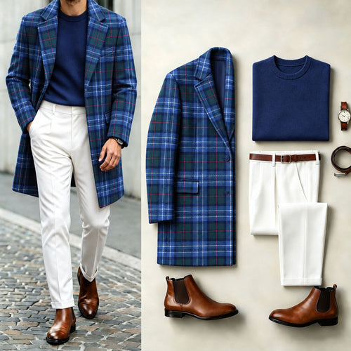 Men's Blue Checkered Suit Set: Coat, Knit Sweater, and Pants