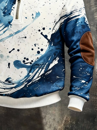 Men's Retro Color Block Print Color-Blocked Zip-Up Sweatshirt