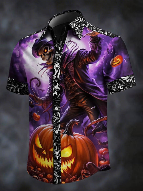 Men's Retro Skull Print Lapel Short Sleeve Shirt