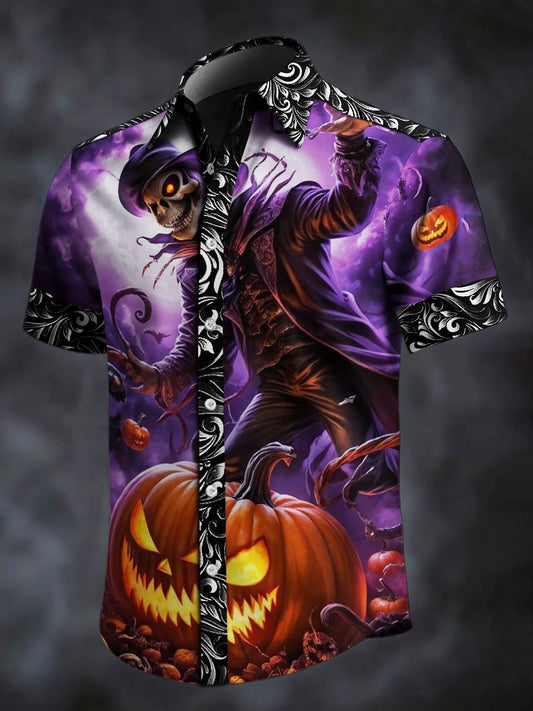 Men's Retro Skull Print Lapel Short Sleeve Shirt