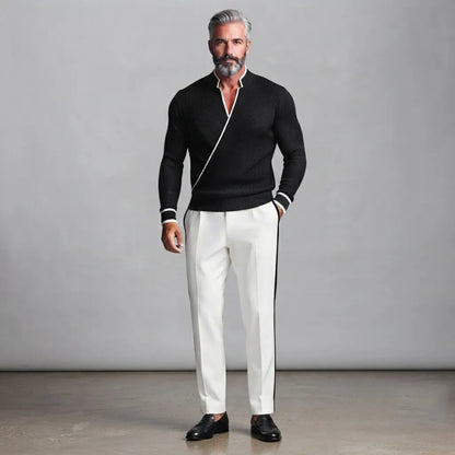 Men's Black Ribbed Knit Stand Collar Contrast Piping Slim Fit Wrapped Sweater