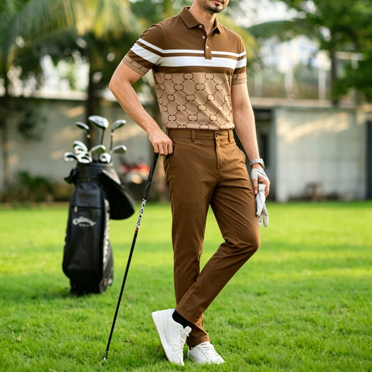 Men's Casual Dark Brown Plaid Printed Polo Shirt And Pants Two-Piece Set