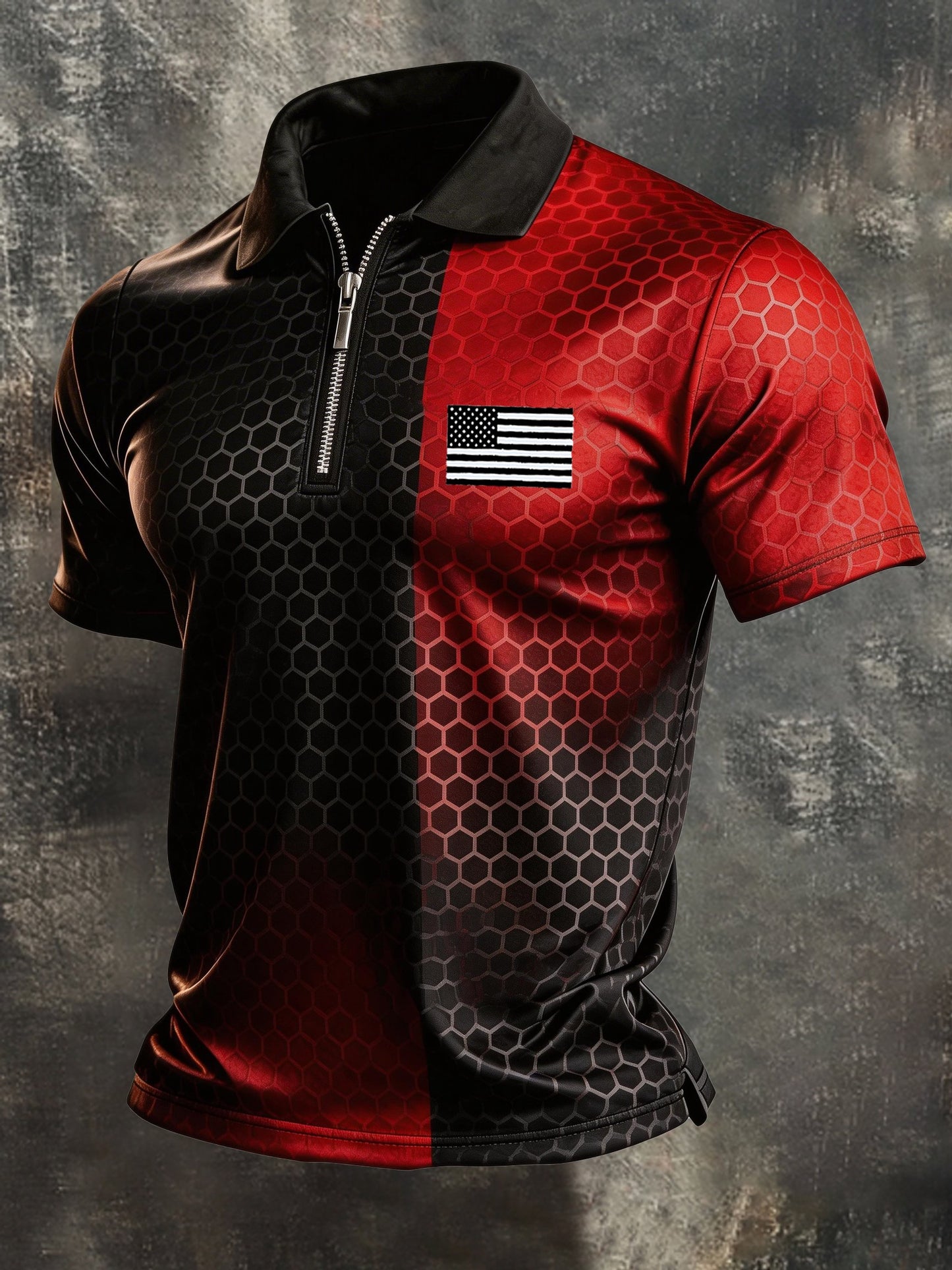 Men's Retro "Patriot" Color-Block Short-Sleeve Half-Zip Polo Shirt