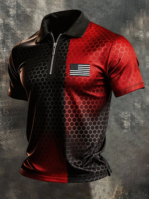 Men's Retro "Patriot" Color-Block Short-Sleeve Half-Zip Polo Shirt