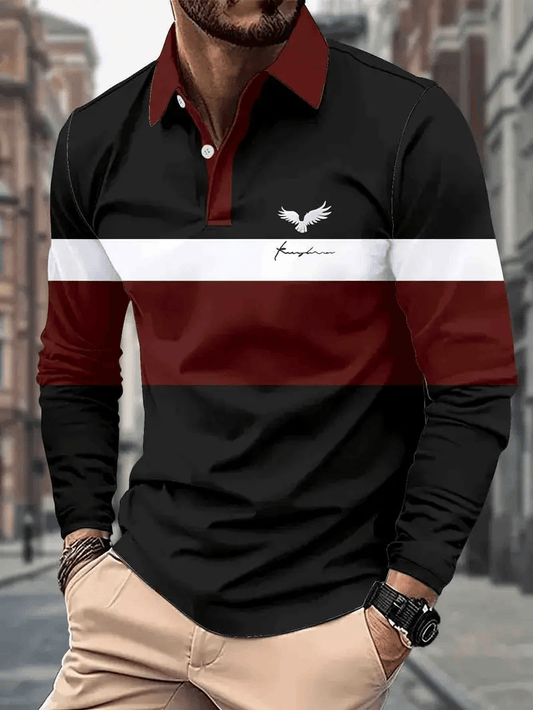 Men's Retro Business Stripe Print Long Sleeve Polo Shirt
