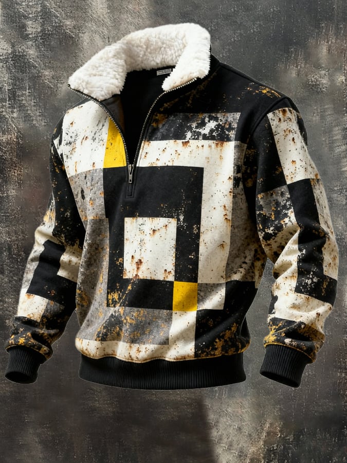 Men's Retro Color Block Print Casual Fur Collar Sweatshirt