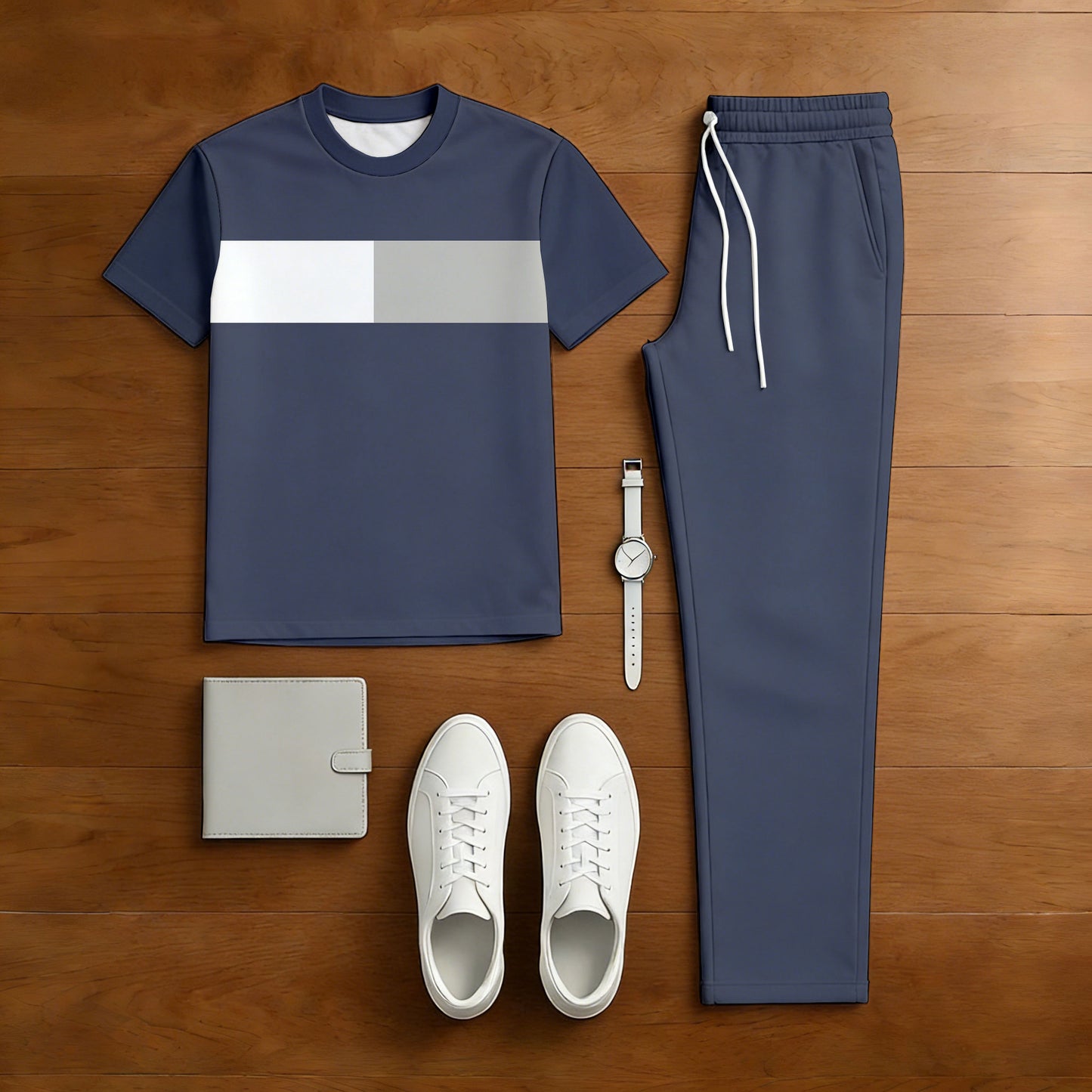 Men's Casual Navy Blue Color Matching Printed Short Sleeved T-Shirt & Trousers Two-Piece Set