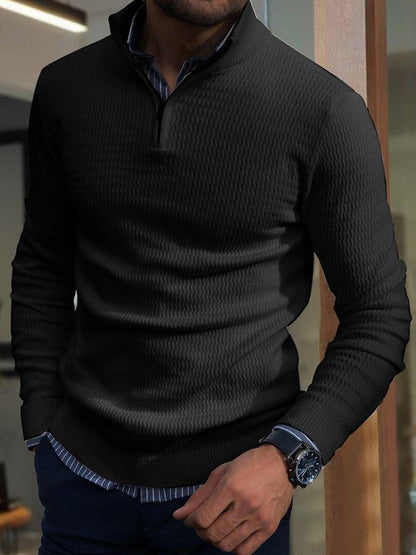 Men's Long Sleeve Solid Color Patchwork Zip Waffle Design Casual Polo Shirt
