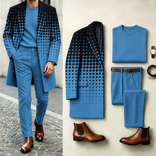 Men's Polka-Dot Print Suit Set: Coat, Knit Sweater, and Pants