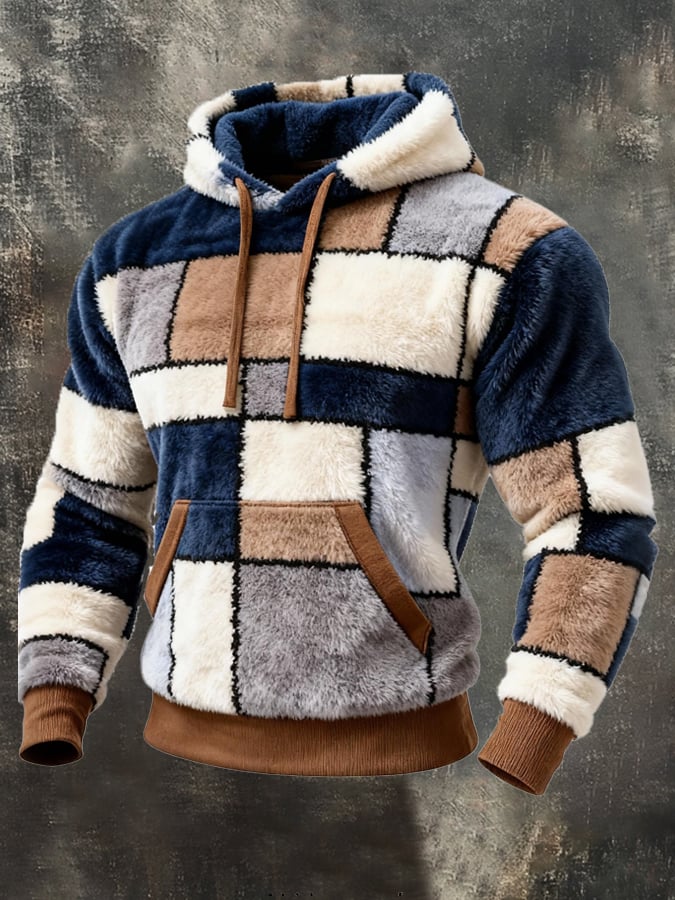 Men's Comfortable Lambskin Color Block Print Casual Long-Sleeved Sweatshirt