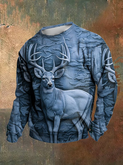 Men's Retro Western 3D Deer Pattern Print Crew Neck Sweatshirt