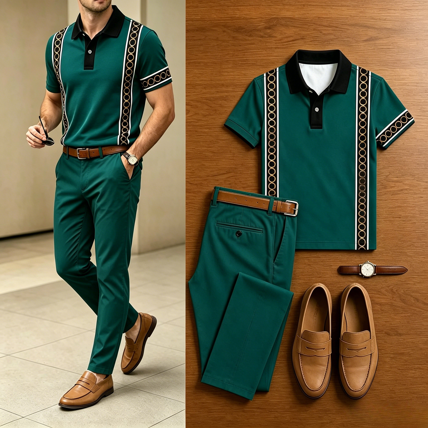 Men's Casual Vertical Ring Stripe Color Block Polo Shirt And Pants Two-Piece Set