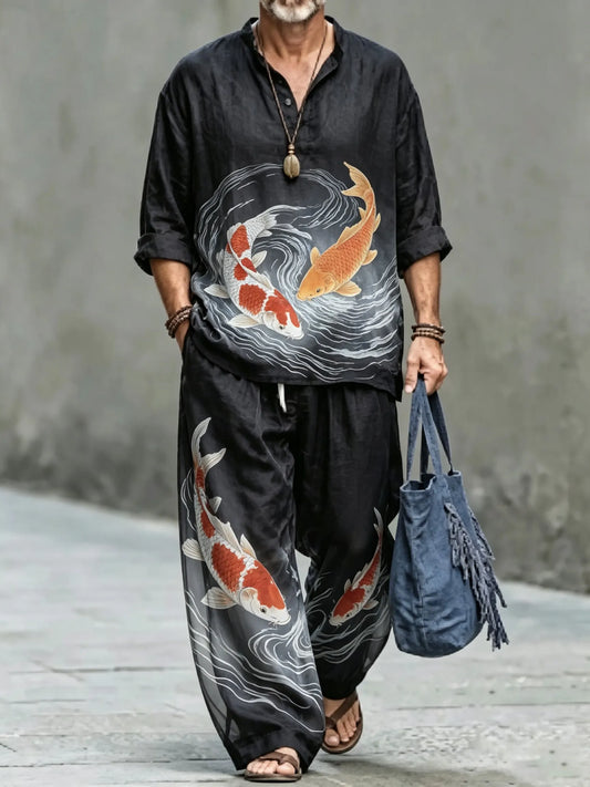 Men's Vintage Abstract Art Printed Cotton Shirt Set (Top & Pants)