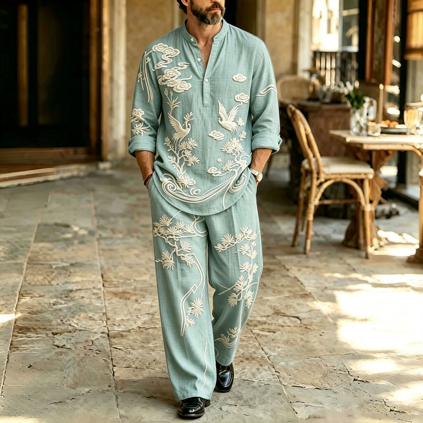 Men's Animal-Print Stand-Collar Polo Shirt and Pants Set