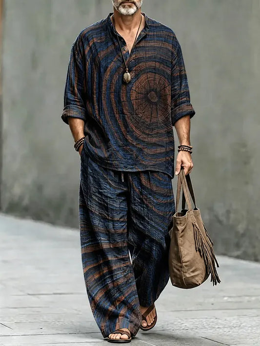 Men's Geometric Art Inspired By Tree Rings Print Half Button Long Sleeve Shirt Pants 2pcs Set