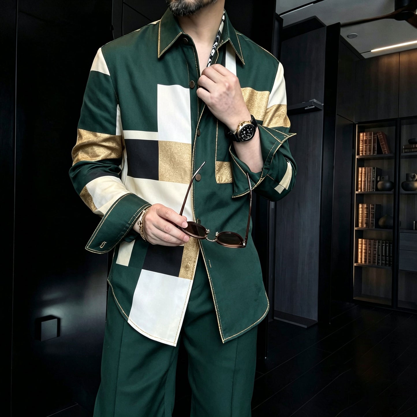 Men's Casual Multi-Color Block-Print Collared Long-Sleeve Shirt and Pants Two-Piece Set