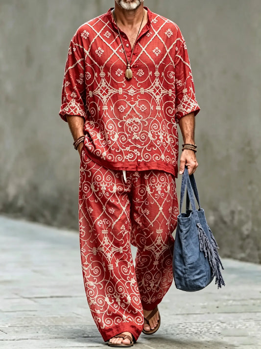Men's Vintage Abstract Art Printed Cotton Shirt Set (Top & Pants)