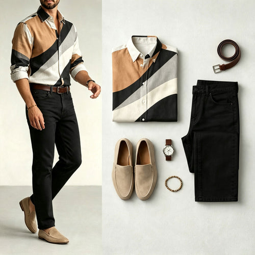 Men's Two-Tone Printed Long-Sleeve Shirt and Jeans Set