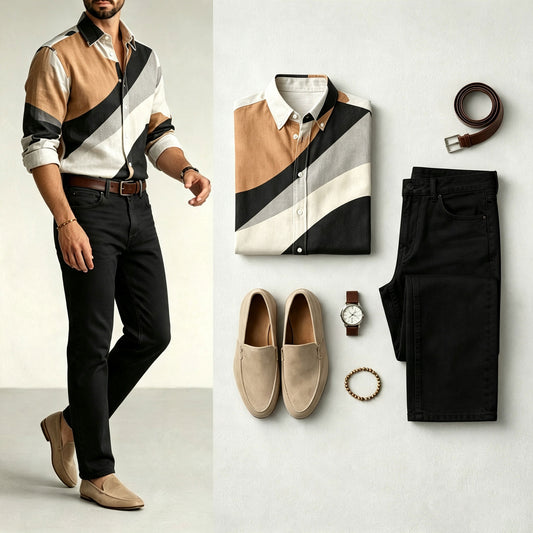 Men's Two-Tone Printed Long-Sleeve Shirt and Jeans Set