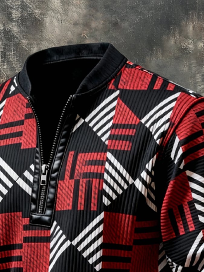 Men's Vintage Color-Block Printed Zip-Up Hoodie