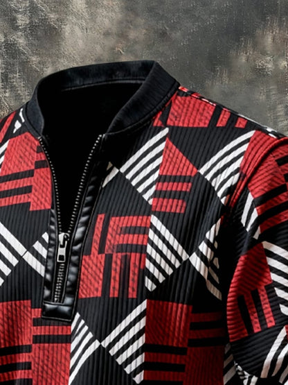 Men's Vintage Color-Block Printed Zip-Up Hoodie