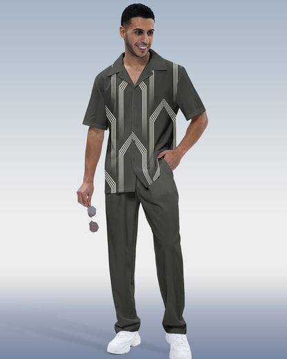 Rianmond Men's Vintage Line Print Short Sleeve Walking Suit 257