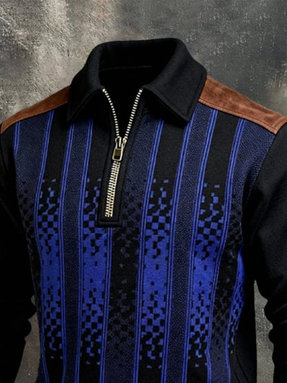 Men's Retro Color Block Print Color-Blocked Zip-Up Sweatshirt