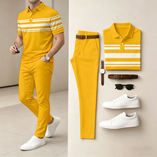 Men's Yellow & White Geometry Casual Printed Polo Shirt And Pants Two-Piece Set