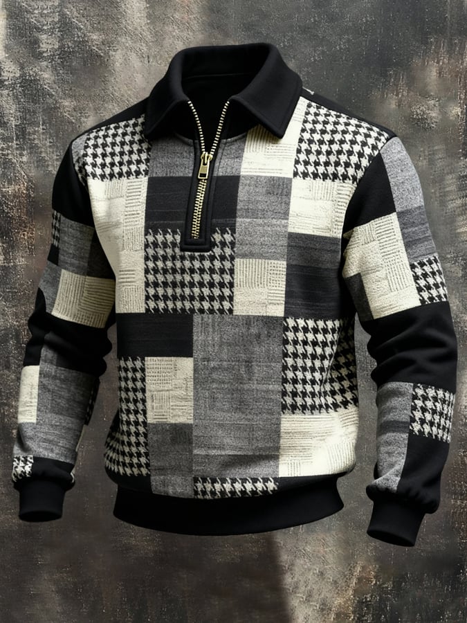Men's Retro Color Block Print Color-Blocked Zip-Up Sweatshirt