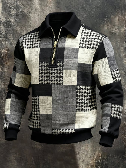 Men's Retro Color Block Print Color-Blocked Zip-Up Sweatshirt