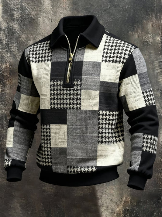 Men's Retro Color Block Print Color-Blocked Zip-Up Sweatshirt