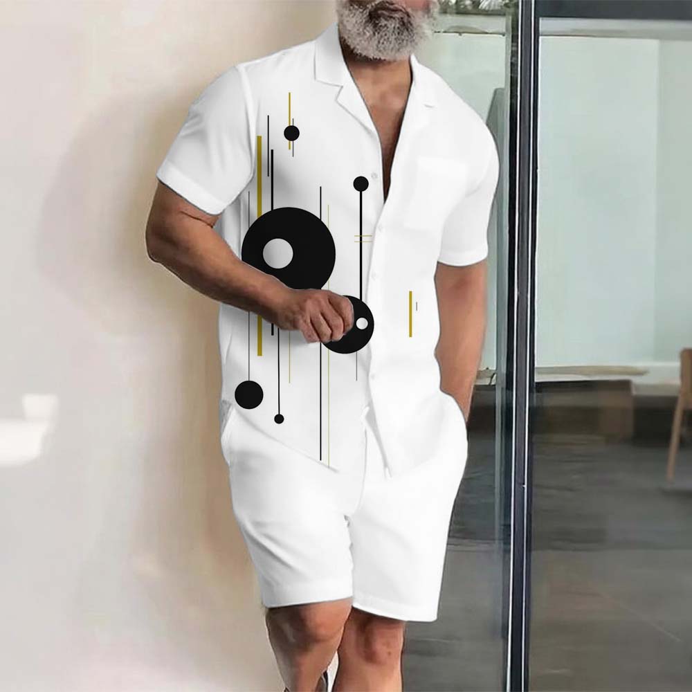 Men's Hawaii Vacation Printed Lapel Collar Short-Sleeved Two-Piece Set