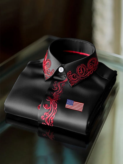 Men's  Independence Day Flag Fashion Business Luxury Design Embroidery Long Sleeve Shirt