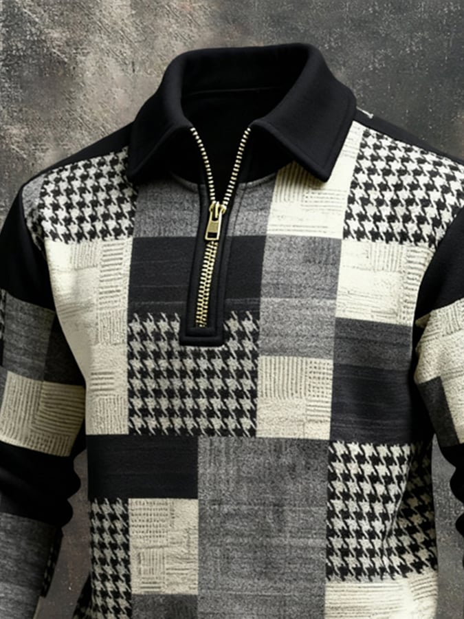 Men's Retro Color Block Print Color-Blocked Zip-Up Sweatshirt