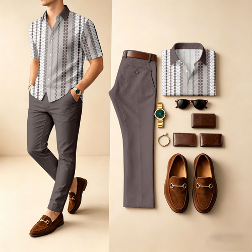 Men's Casual Printed Polo Shirt And Pants Two-Piece Set