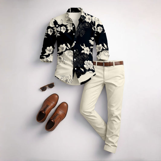 Men's Floral Long-Sleeve Shirt and Pants Set