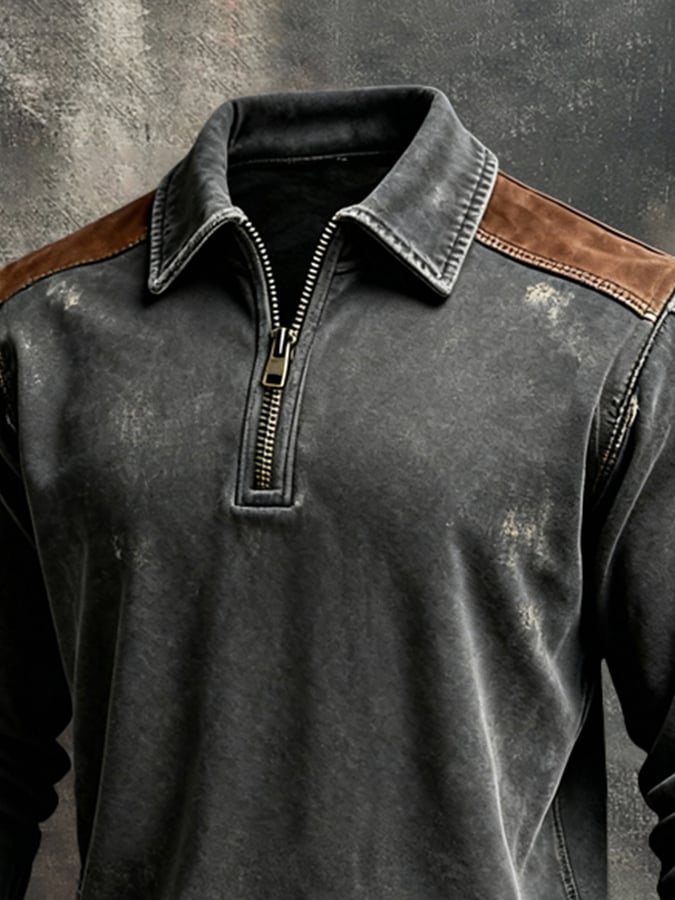 Men'S Vintage Pure Cotton Washed And Distressed Patchwork Color-Block Long-Sleeved Sweatshirt