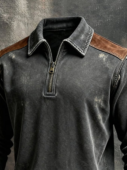 Men'S Vintage Pure Cotton Washed And Distressed Patchwork Color-Block Long-Sleeved Sweatshirt