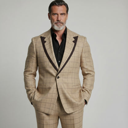 Men's Elegant Khaki Plaid Print Contrast Peak Lapel Business Casual Blazer