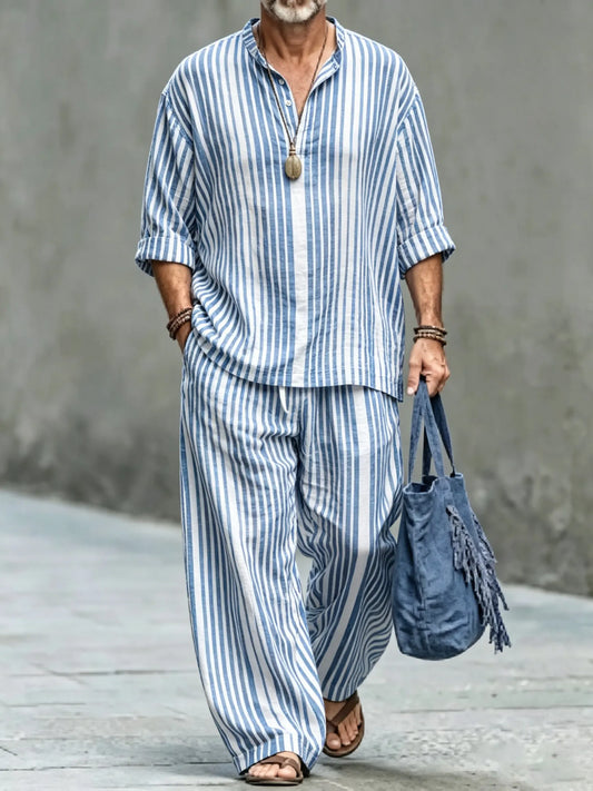 Men's Vintage Abstract Art Printed Cotton Shirt Set (Top & Pants)