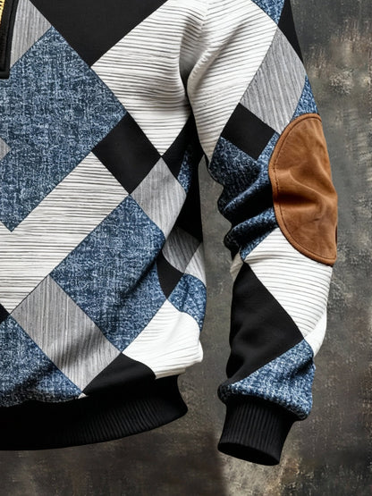 Men's Vintage Color-Block Printed Zip-Up Hoodie