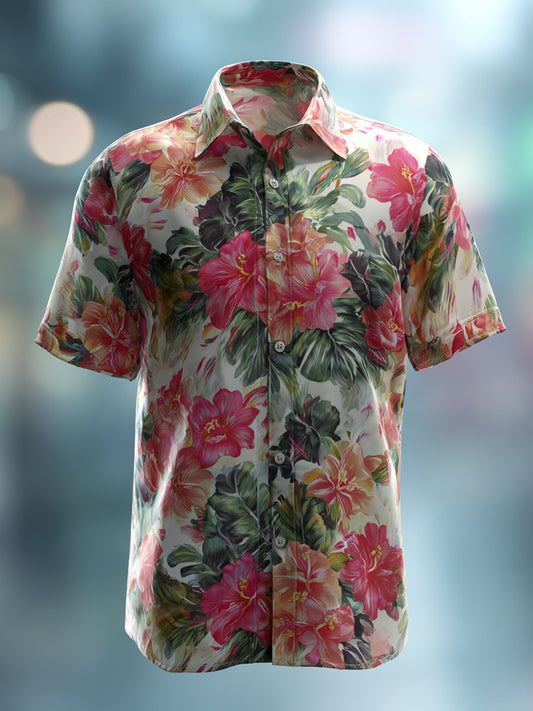 Men's Business Casual Floral Lapel Short Sleeve Shirt