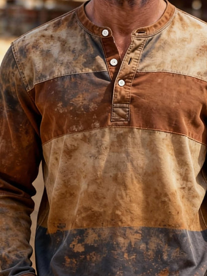 Men's Retro Color Block Long Sleeve Henley